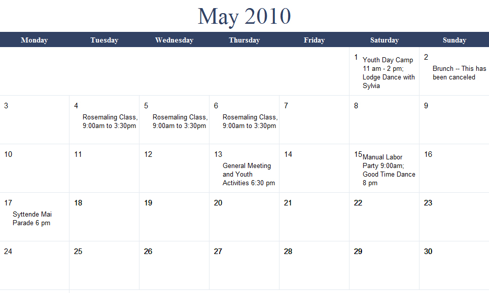 May 2010 Calendar